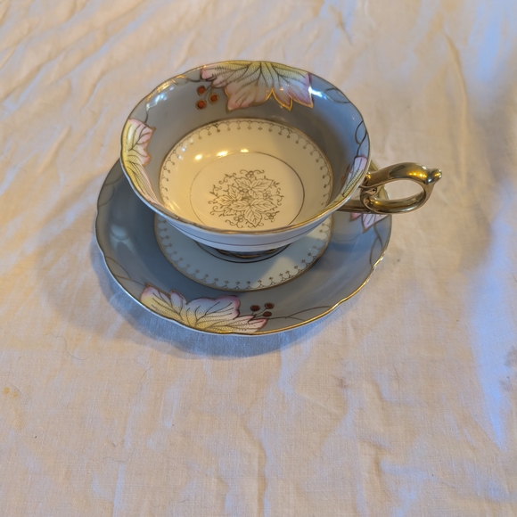 Shafford Other - 2/50$ Vintage-Style Gray Floral Porcelain Teacup and Saucer with Gold Handle